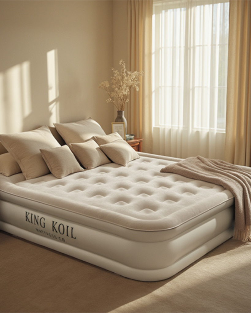 King Koil inflatable air mattress styled in a cozy neutral bedroom setting with soft natural light.