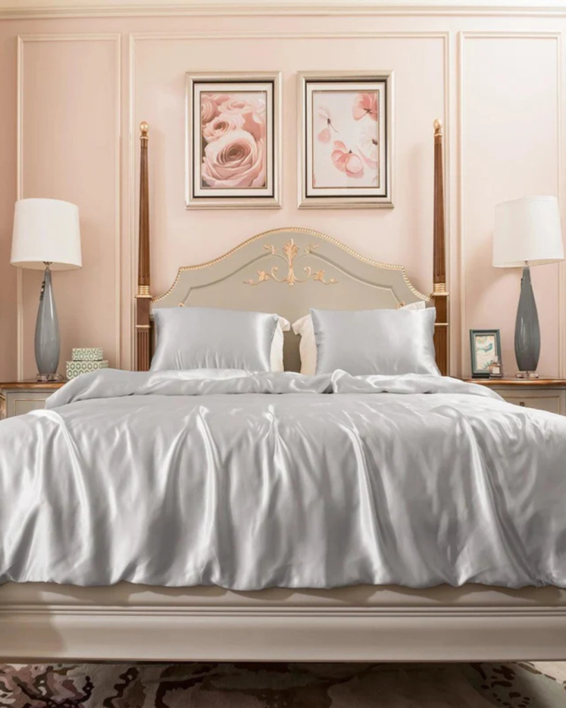 Luxury cooling bed sheets styled on an elegant cozy bedroom bed for soft, breathable sleep comfort