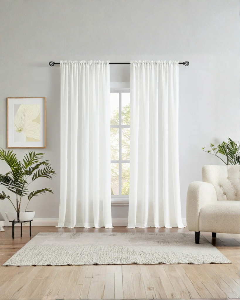 Neutral living room with light-filtering curtains creating a warm, intentional home atmosphere.
