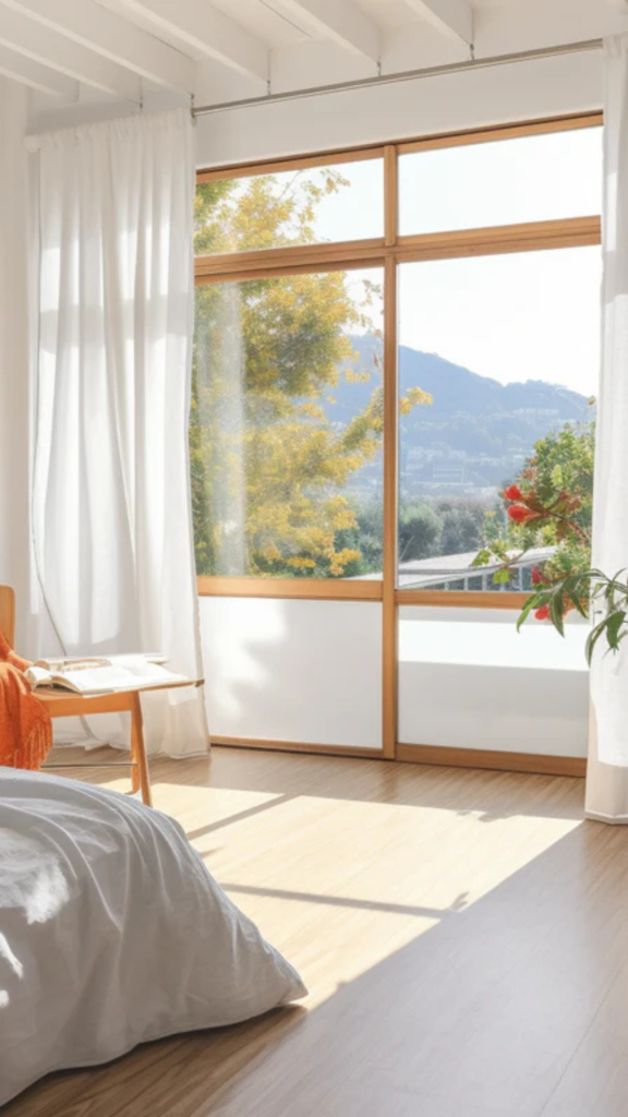 Modern and beautiful curtain ideas styled in a cozy bedroom with large windows and neutral drapes.