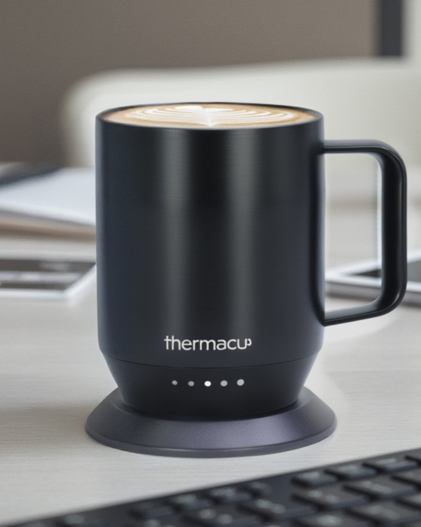 ThermaCup insulated mug on a desk