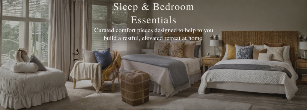 Sleep and bedroom essentials styled in a cozy, neutral bedroom with layered bedding and soft lighting