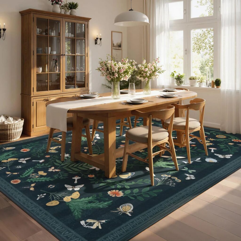 Dark green patterned area rug placed under a wooden dining table.