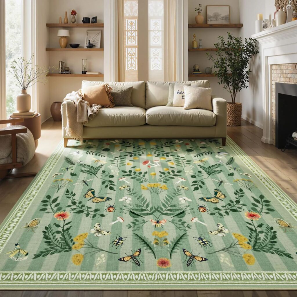 Green floral area rug with botanical and butterfly pattern styled in a cozy living room under a beige sofa.