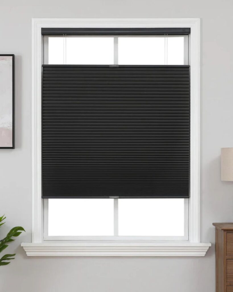 Joydeco blackout window shade installed in modern bedroom with white trim
