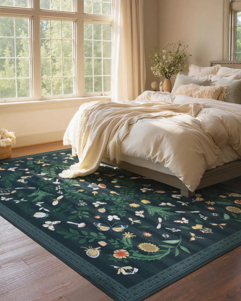 Joydeco floral area rug styled under bed in cozy neutral bedroom