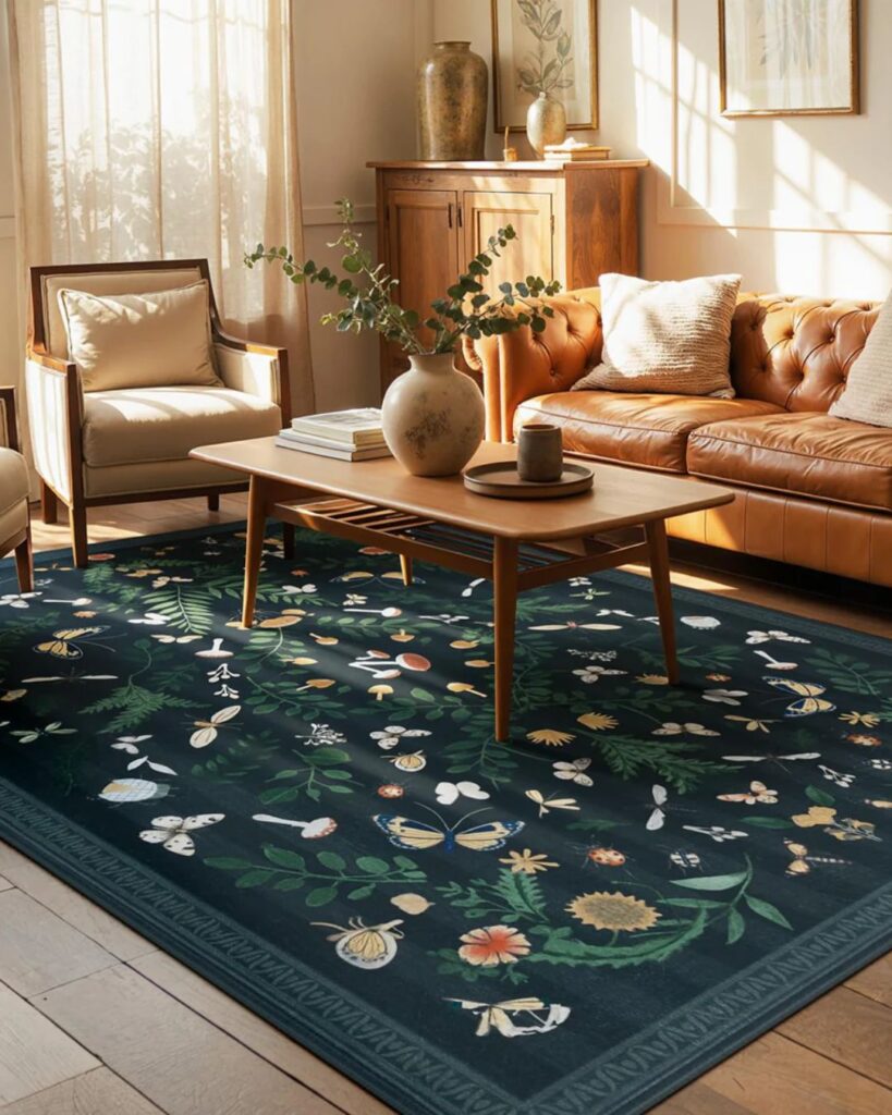 Joydeco floral living room area rug anchoring sofa and coffee table