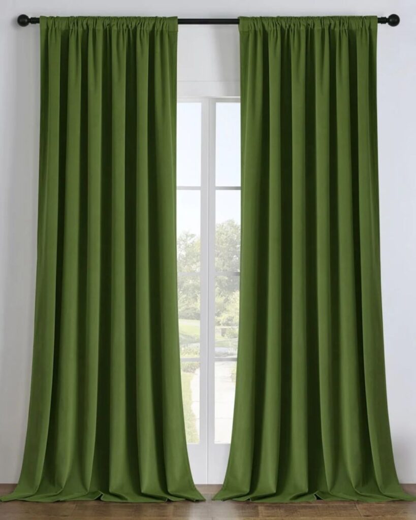 Joydeco home finds featuring green blackout curtains in cozy living room