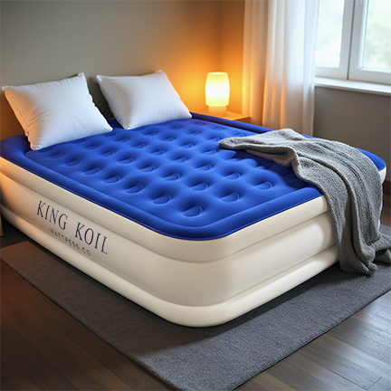 King Koil luxury blue air mattress set up in a cozy guest bedroom