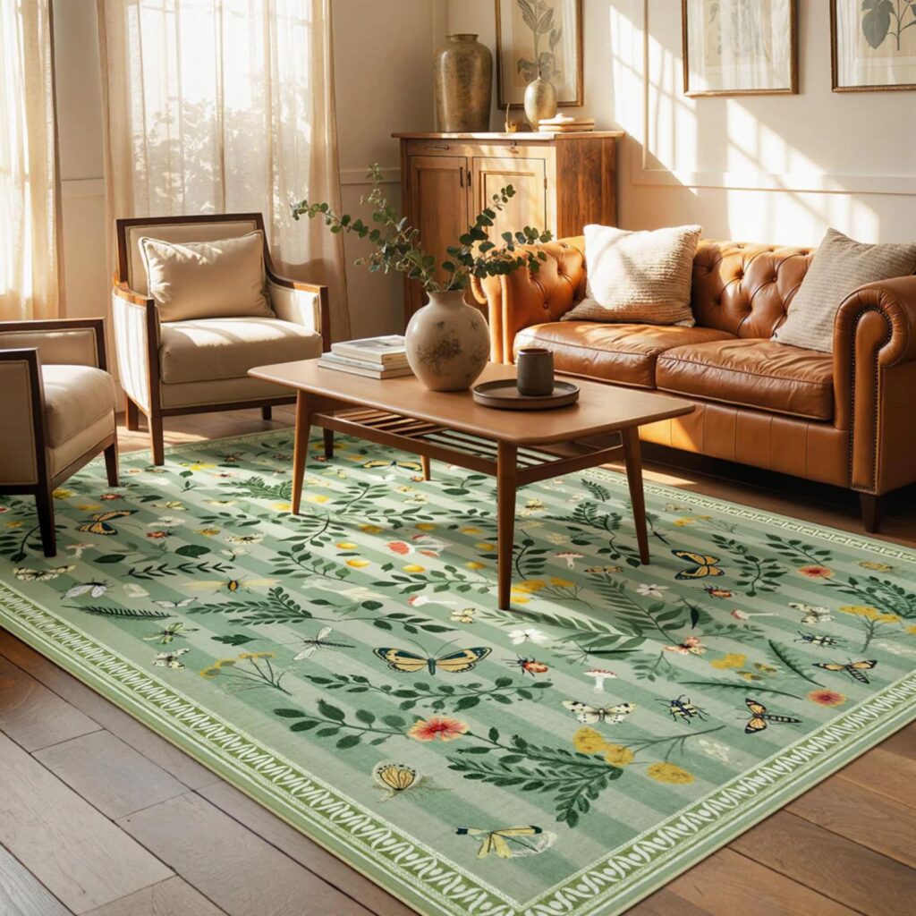 Light green decorative area rug styled in a cozy living room.