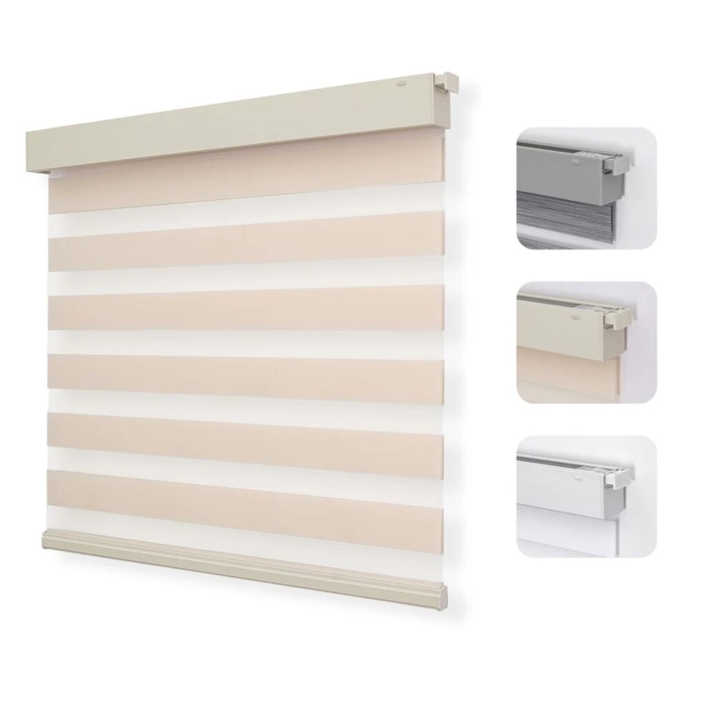 Beige zebra dual-layer roller shades displayed in multiple fabric variations.