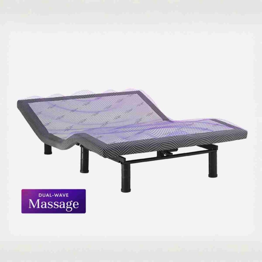 Adjustable bed base with massage featuring dual-wave technology and zero gravity