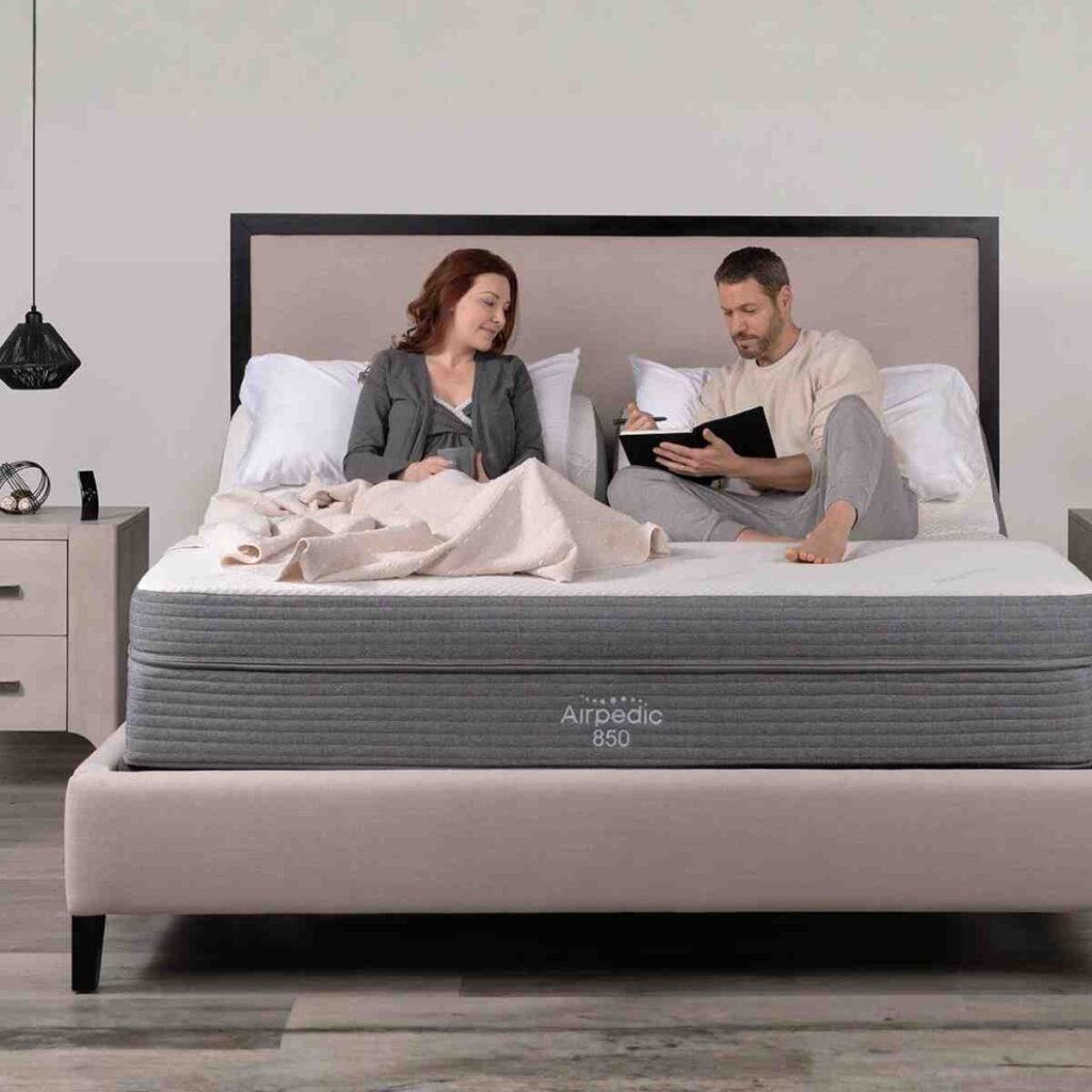 Airpedic 850 series mattress with gel swirl surface layer and 6-chamber air support in a modern bedroom setting.