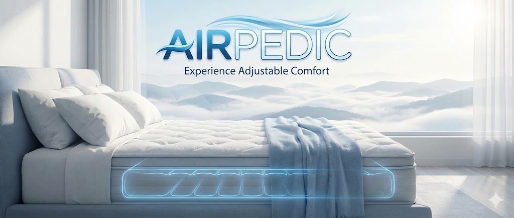 Airpedic adjustable air chamber mattress with blue glow internal view showing support system in a modern bedroom.