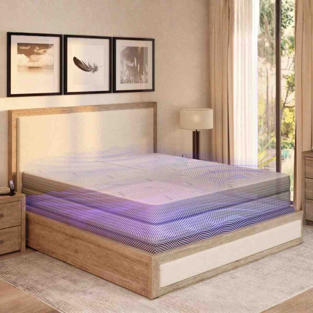 An Airpedic mattress and base set in a taupe luxury bedroom, adjusted to a lounge position for maximum convenience and pressure relief.
