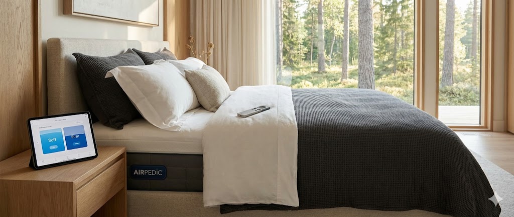 Airpedic mattress in white and charcoal grey in a luxury modern bedroom with premium adjustable comfort settings.