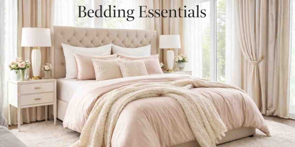 luxury bedroom with silk bedding pillows throws and large windows with curtains and bedding essentials text