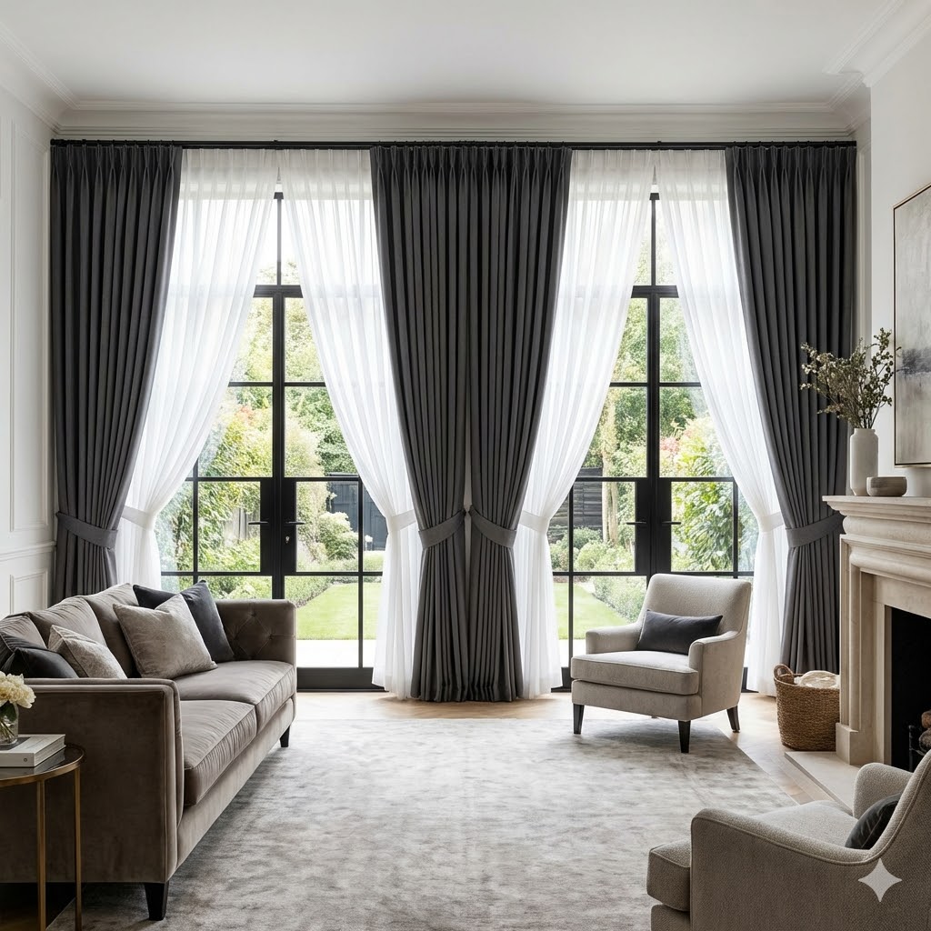 Floor-to-ceiling charcoal grey blackout curtains layered with white sheer drapes on large windows in a modern UK living room.