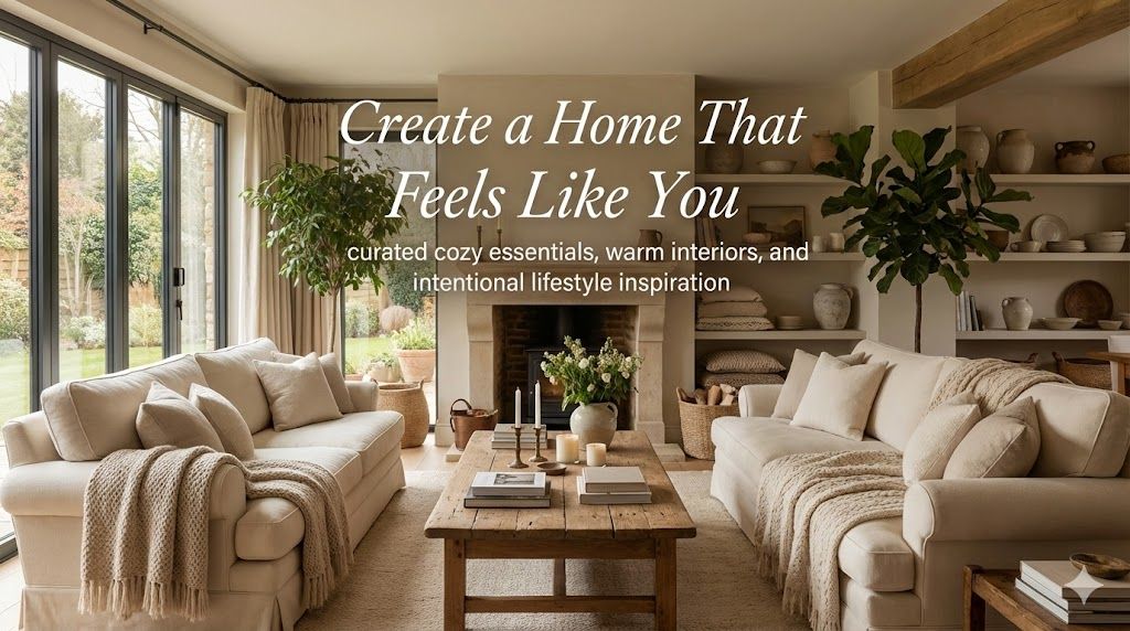 A cozy home & lifestyle neutral living room with a fireplace, rustic wooden coffee table, cream sofas with knit throws, and large windows with elegant drapes.