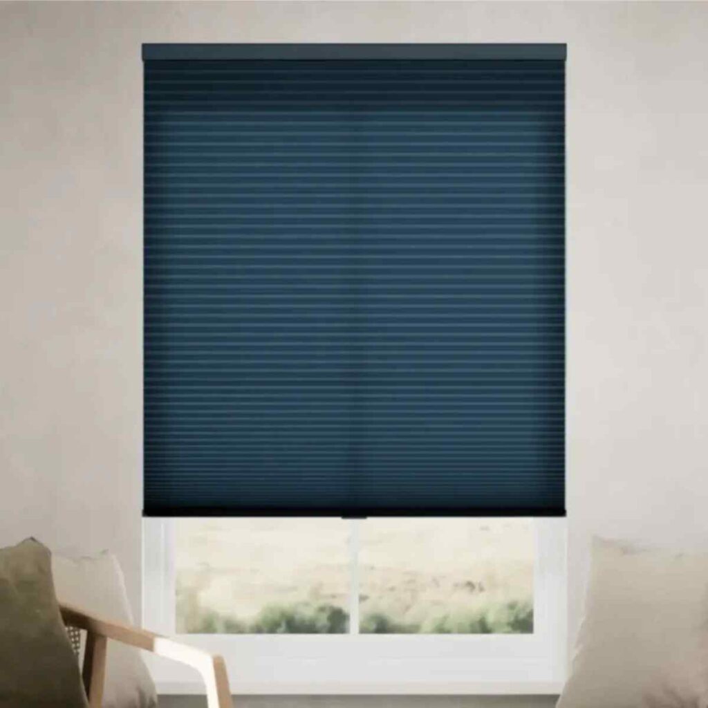Premium quality navy blue CurtainUK comb shade in a modern bedroom offering a dual light control advantage for both privacy and natural sunlight.