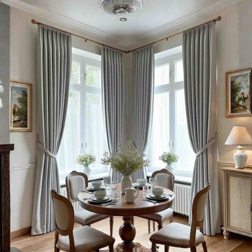 Light grey blackout linen curtains on a corner window in a contemporary dining room.