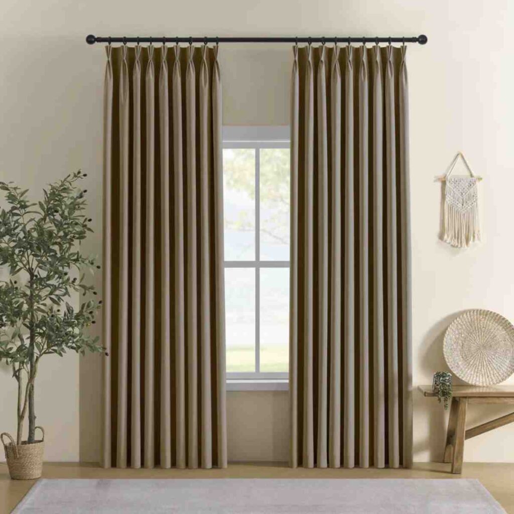 Tan custom blackout linen curtain panel by CurtainUK in a bright, modern interior.