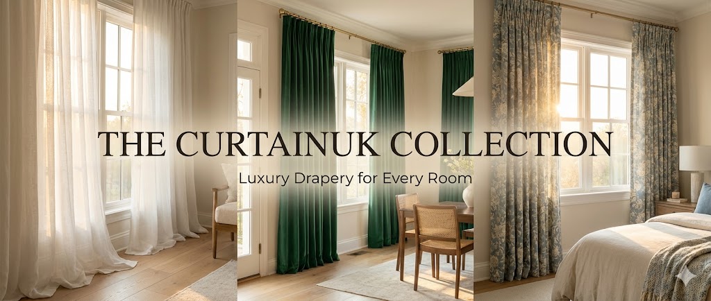 A collage showing CurtainUK luxury drapery including white linen sheers, luxury emerald green velvet curtains, and blue floral bedroom drapes.