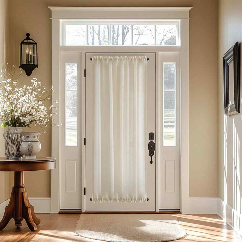 Tailored white sheer curtains installed on a wooden French entryway door for a classic, welcoming look.