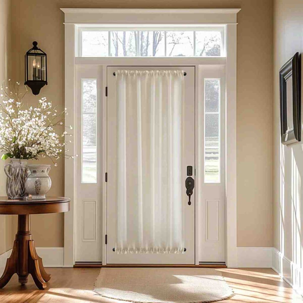 White semi-sheer door curtains by CurtainUK installed on a modern glass entryway door.