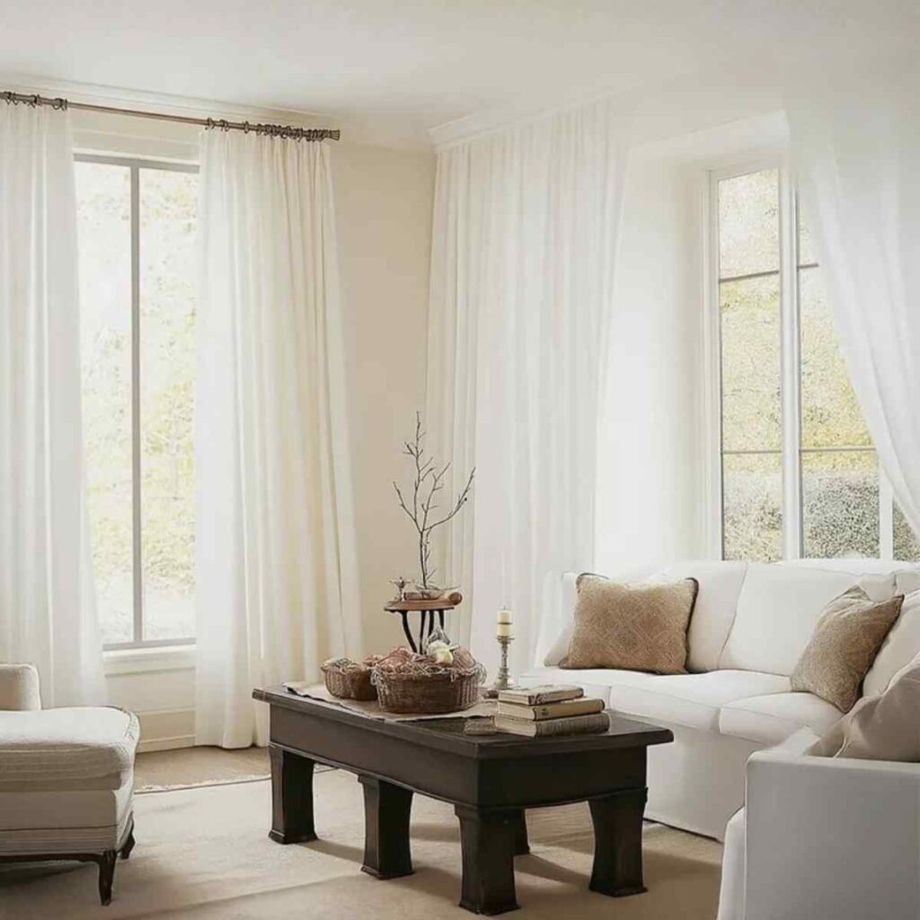 Elegant white sheer curtains from CurtainUK installed in a bright living room with a classic black coffee table.
