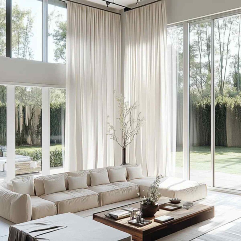 Grand living room with extra-long floor-to-ceiling CurtainUK sheer drapes in a luxury modern home.