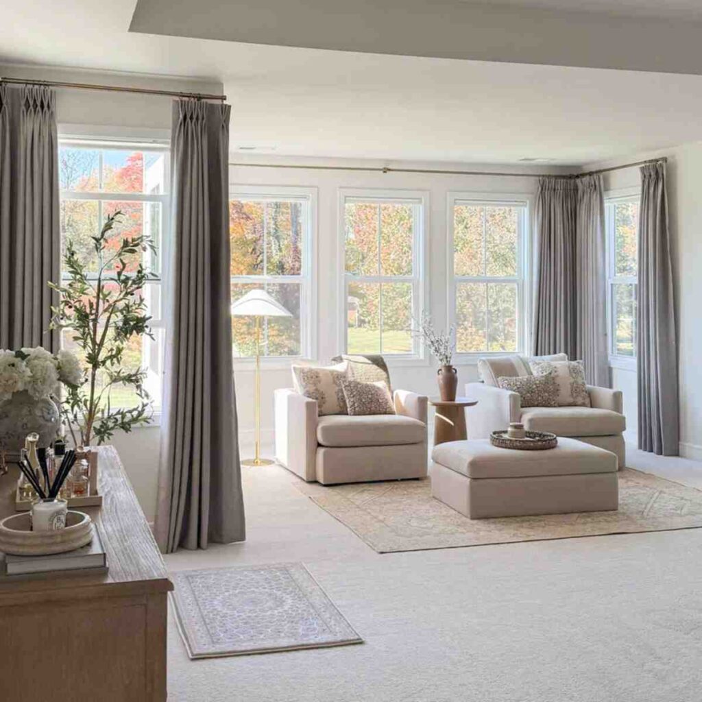 Permanently flame-resistant blackout curtains in a soft brown tone in a sunlit room.