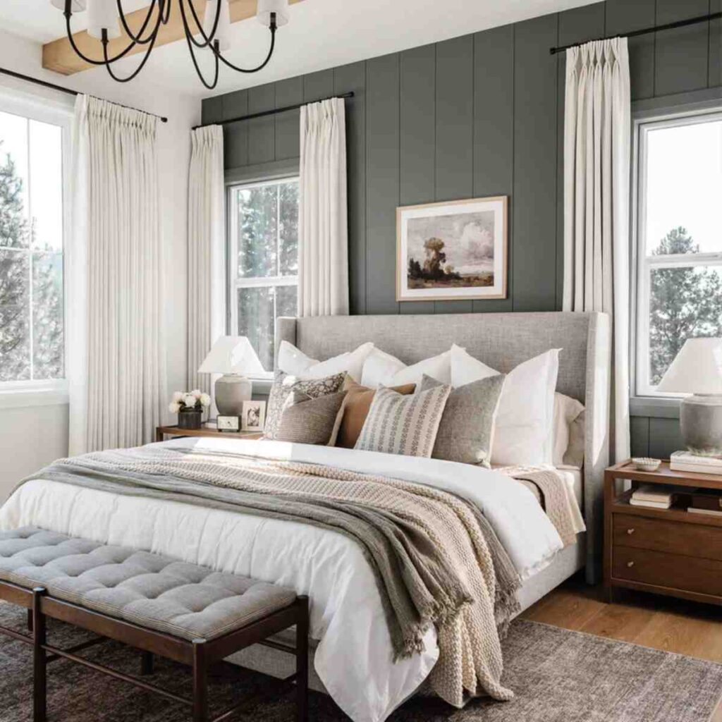 Textured stone grey heavyweight blackout linen drapes in a warm, neutral bedroom.