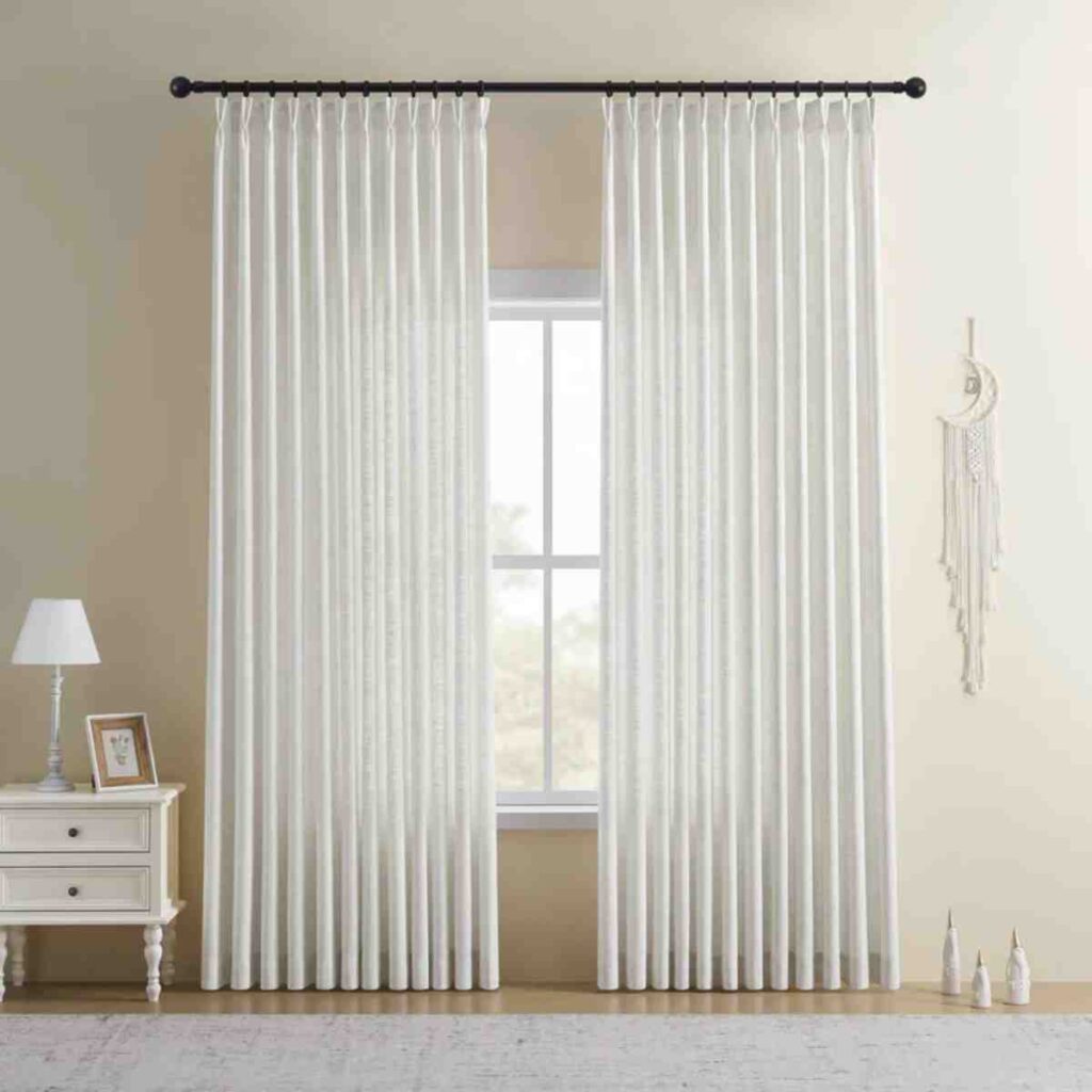 Double panels of crisp white linen-blend curtains in a serene and minimalist bedroom.
