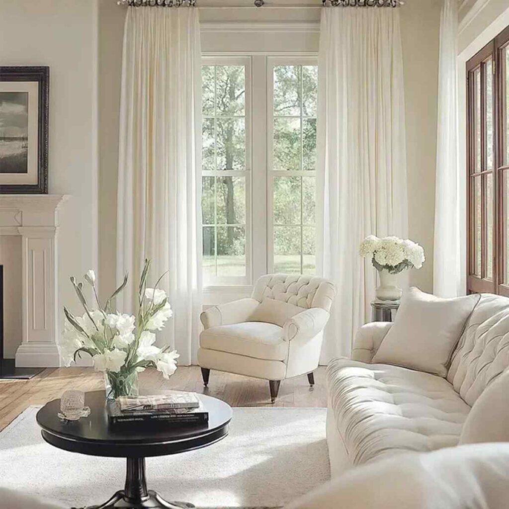 Floor-to-ceiling modern white sheer panels providing a soft glow in a contemporary open-plan lounge area.