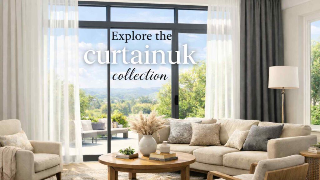 A bright, luxury living room featuring the CurtainUK collection of custom white sheer curtains, grey blackout drapes, and a tailored Roman shade over a large sliding glass door.