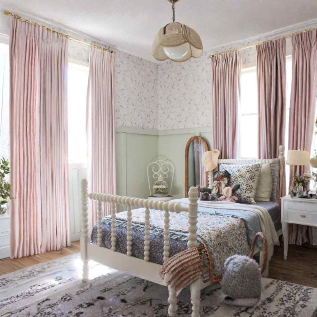 The CurtainUK Collection, showing a romantic, light-filled bedroom styled with soft pink floral CurtainUK drapes and a vintage-style bed frame.