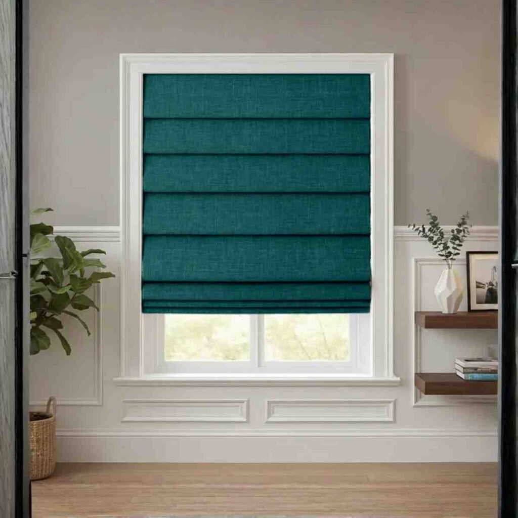 Ocean teal blackout Roman shade by CurtainUK showcasing a vibrant and textured fabric look.