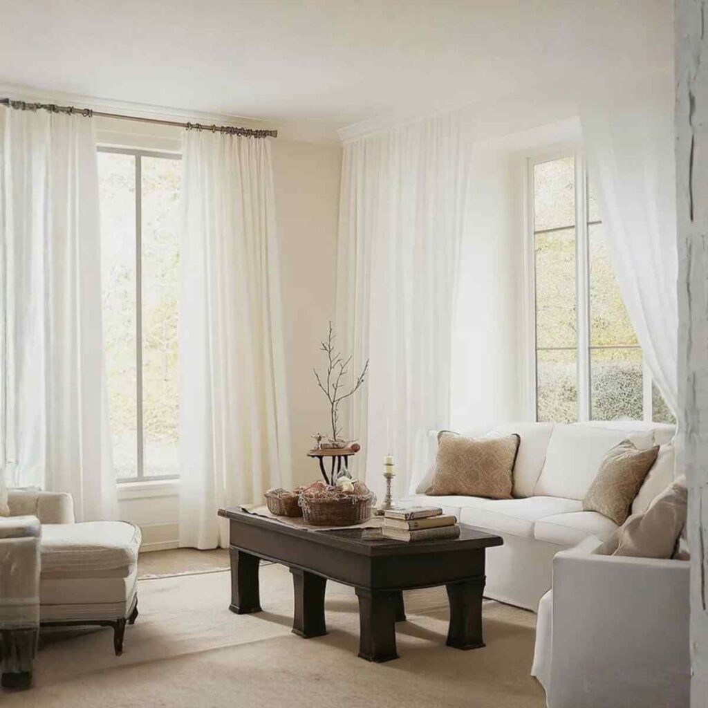 A bright, cozy living room with CurtainUK white linen-look sheer curtains filtering soft sunlight.