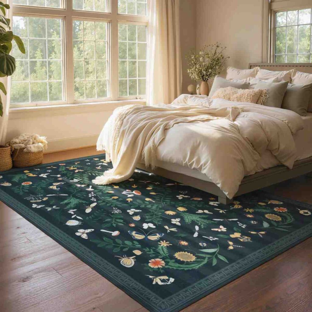 Joydeco teal green botanical rug styled in a cozy bedroom with neutral bedding.