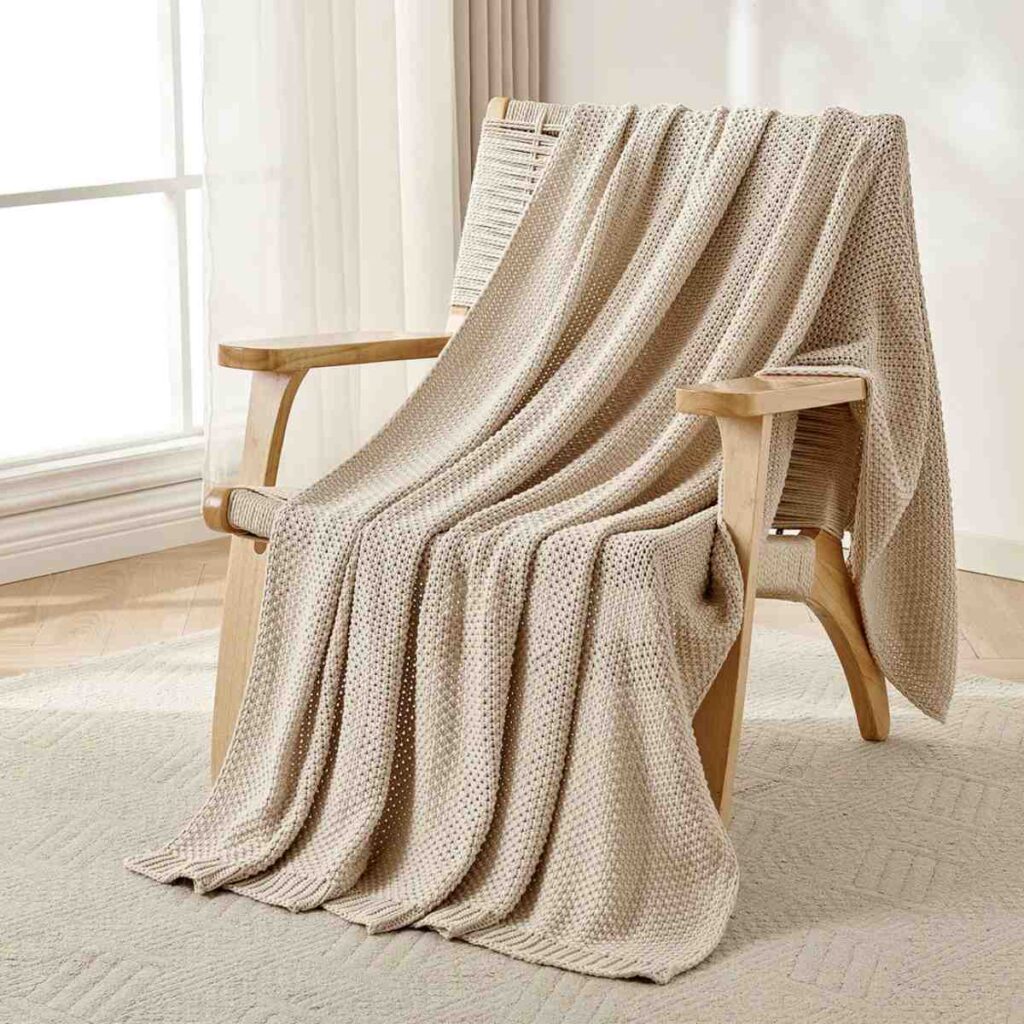 A soft beige Joydeco chunky knit throw blanket elegantly draped over a wooden lounge chair.
