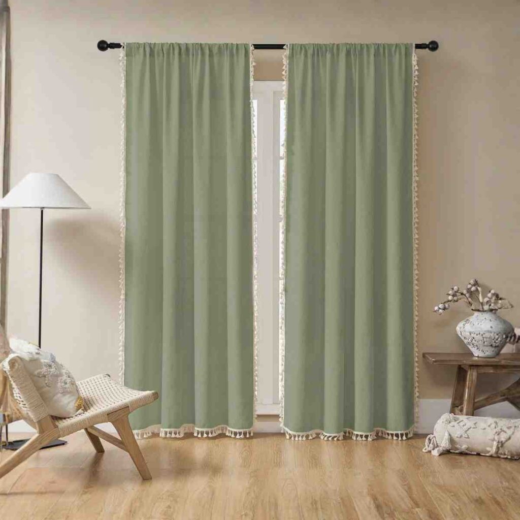 Sage green Joydeco boho curtain with decorative pom-poms hanging by a bedroom window.