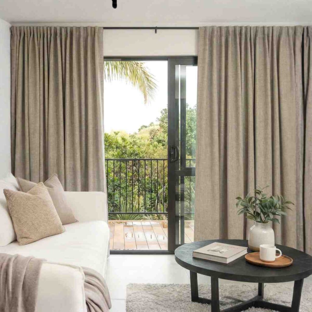 Joydeco taupe faux linen 100% blackout curtain in a modern living room setting.