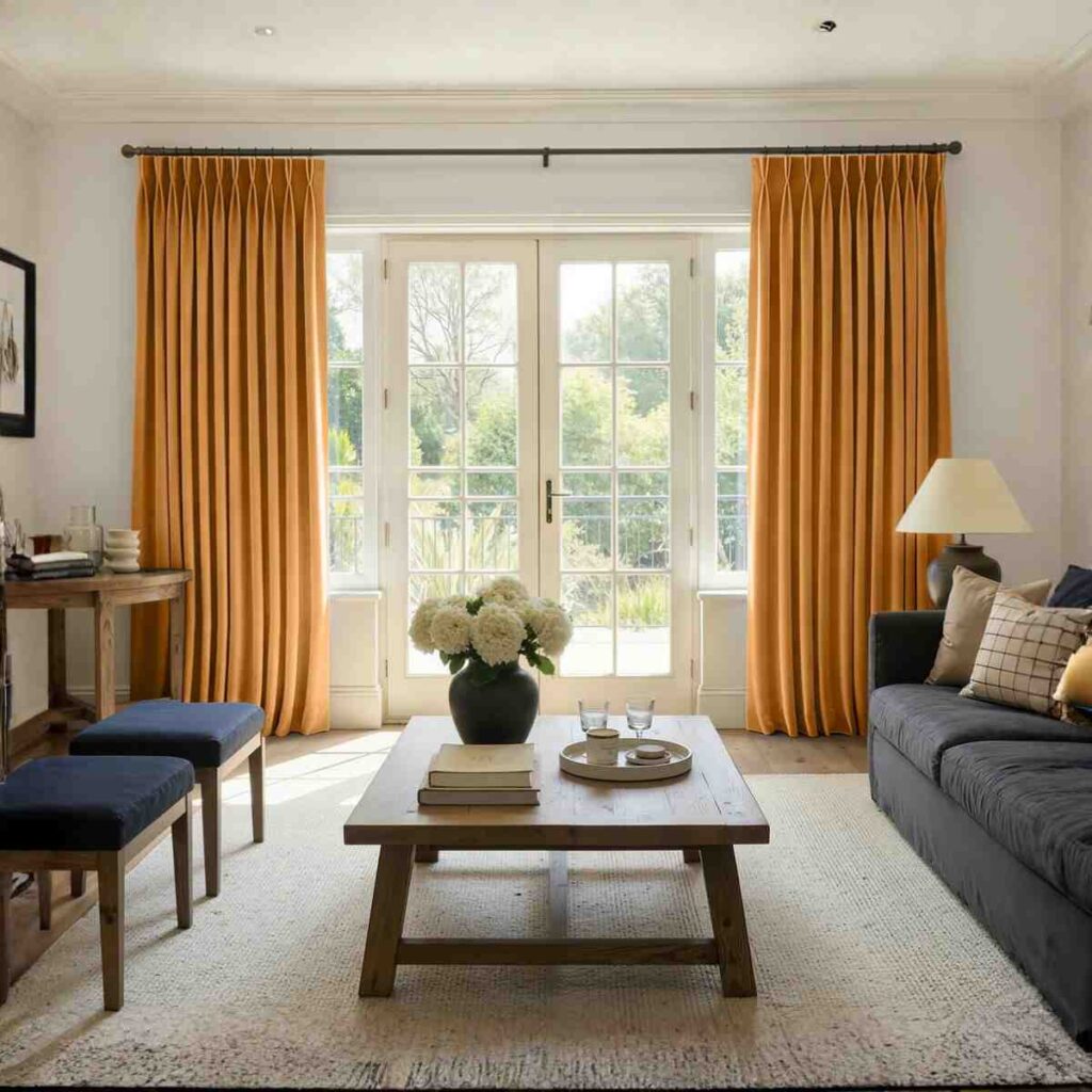 Joydeco LuxeLine burnt orange velvet curtains in a sophisticated living room setup.