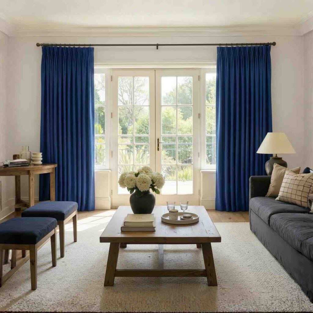 LuxeLine navy blue velvet curtains by Joydeco styled with elegant living room furniture.