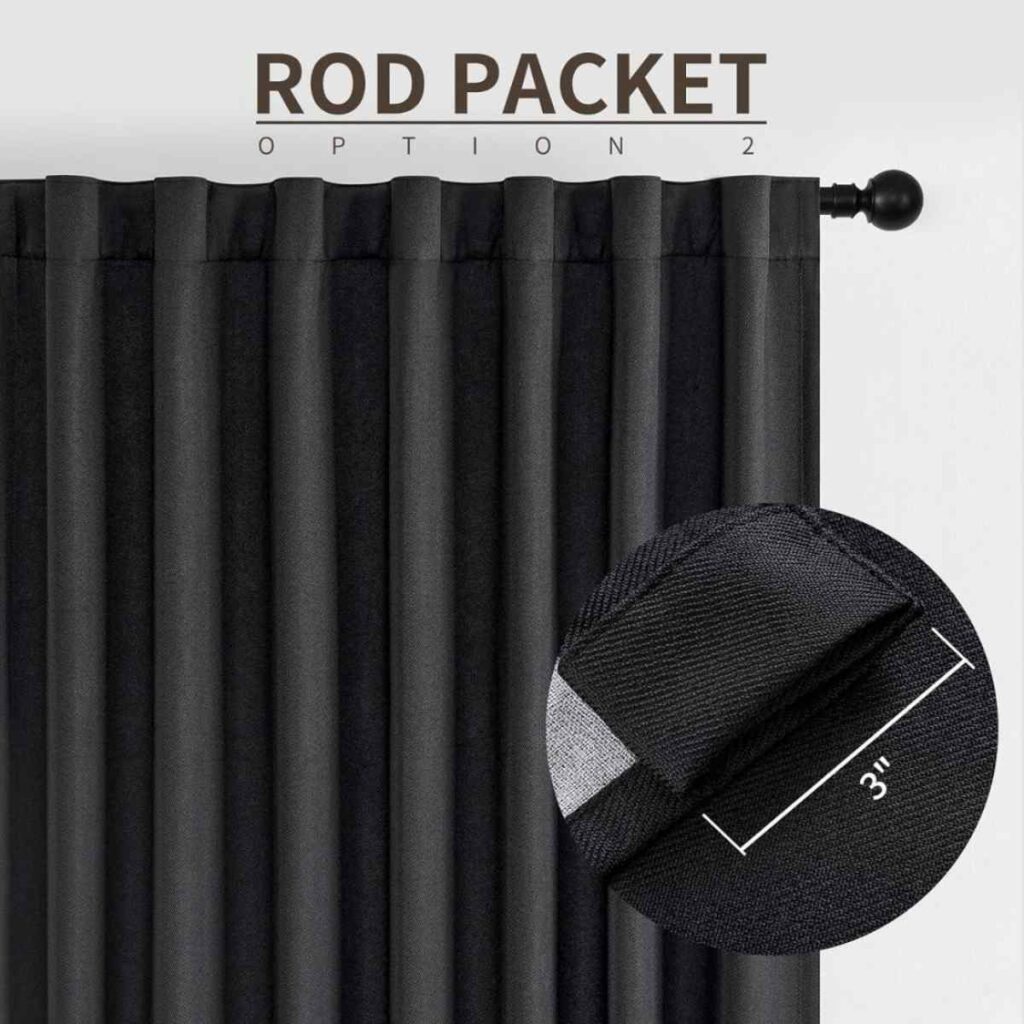 Close up of the 3-inch rod pocket on black curtains showing fabric texture and stitching.