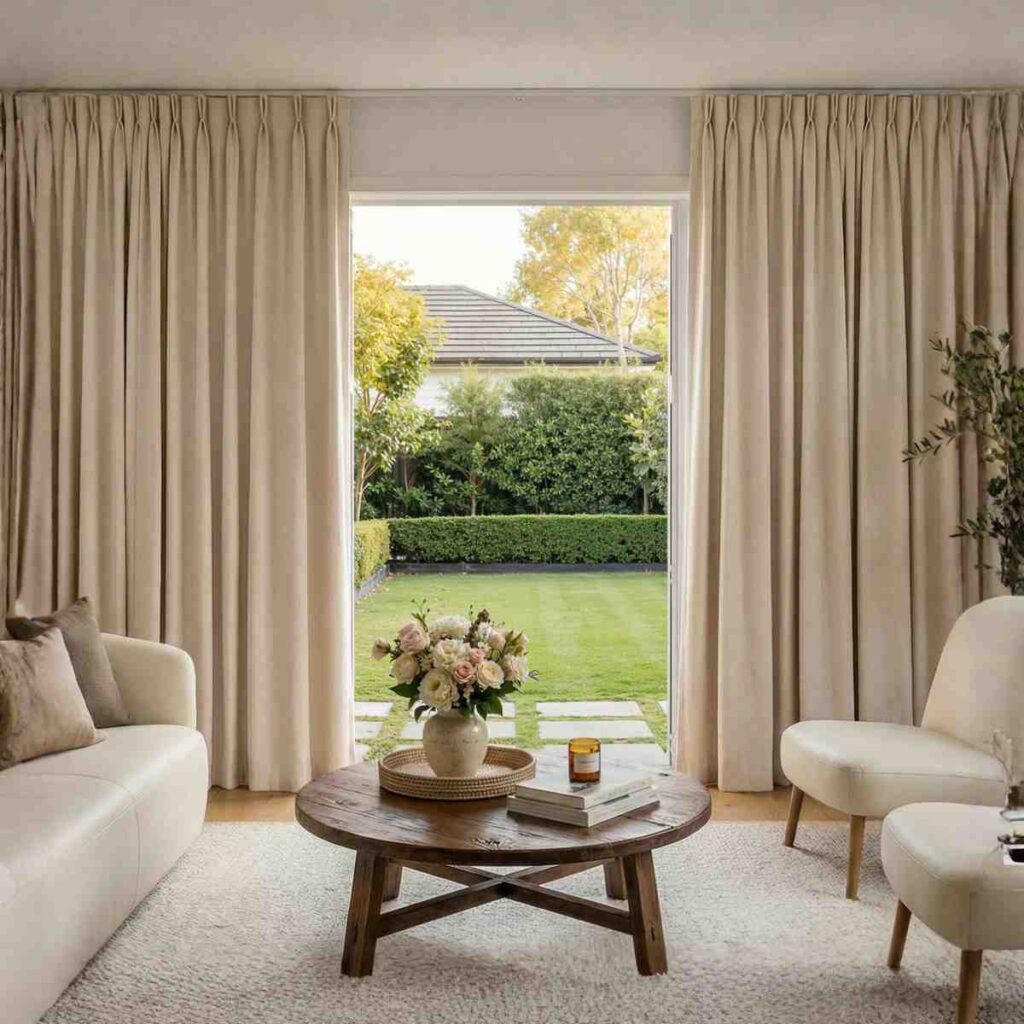 Serene linen blend coated blackout curtain in a natural beige color over a large window.
