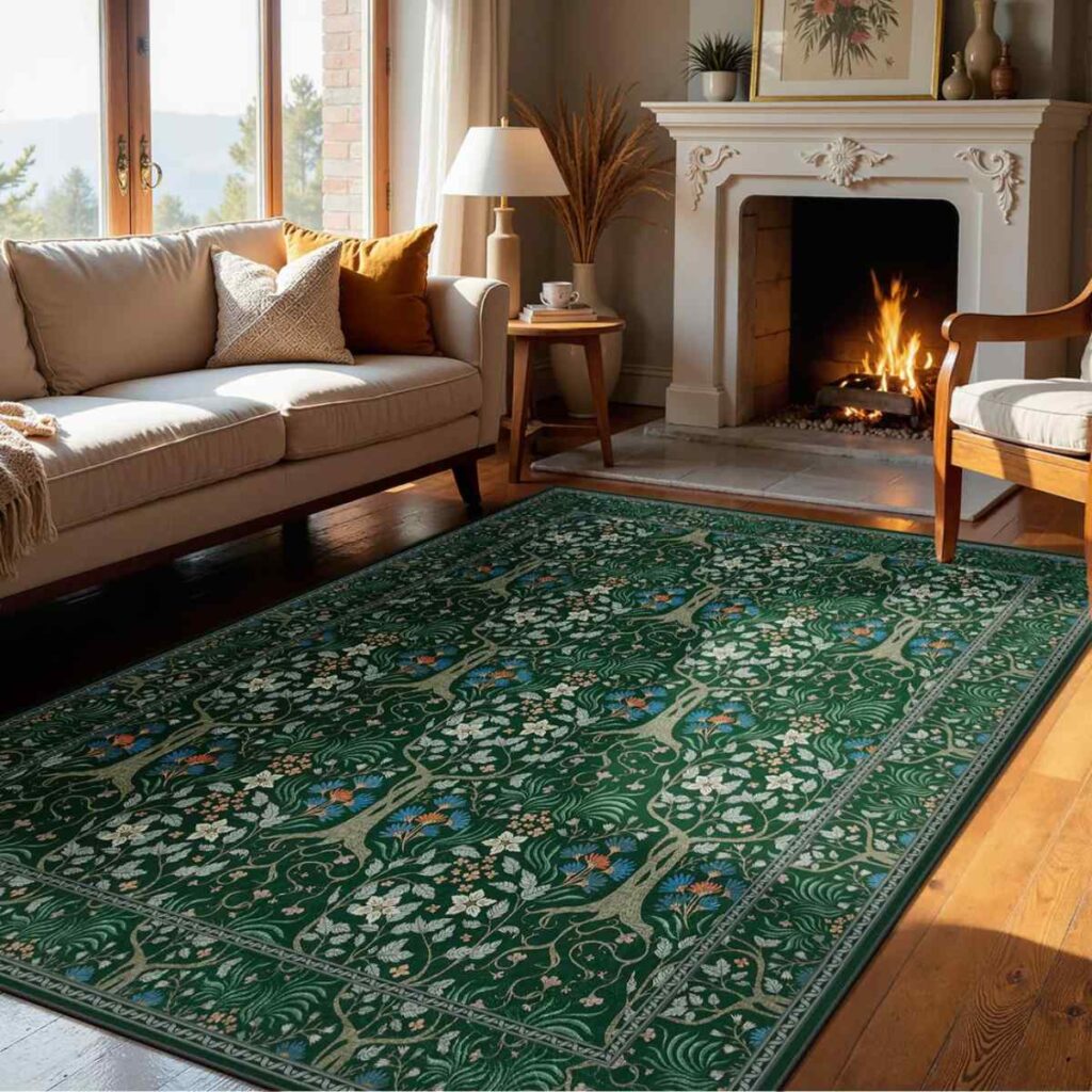 A large green vintage-style Joydeco area rug in a cozy living room with a fireplace.