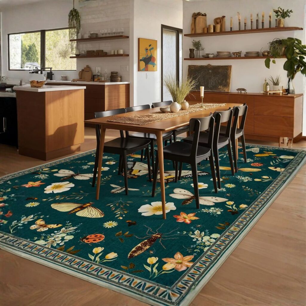 A Joydeco green floral area rug featuring colorful botanical patterns under a wooden dining table in a bright, modern kitchen space.