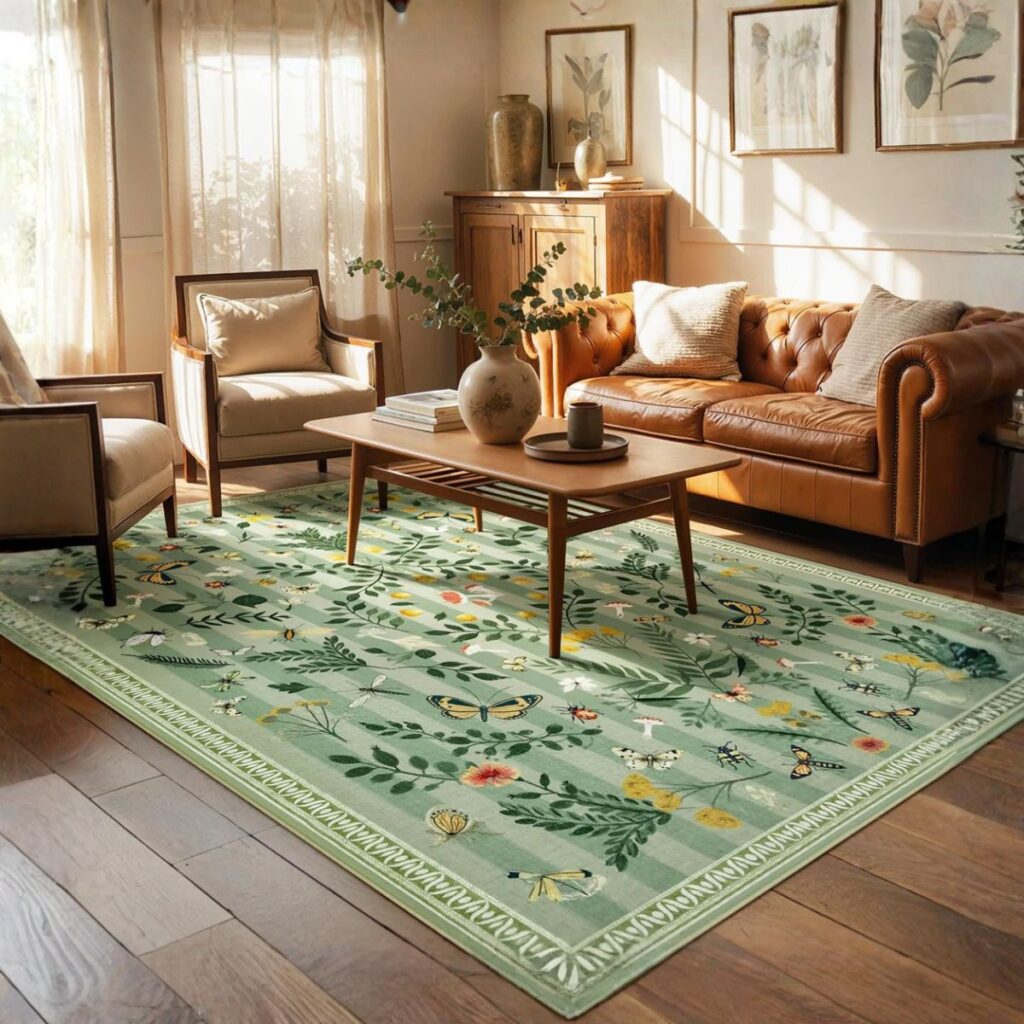 A soft green Joydeco patterned living room rug placed in front of a leather sofa, highlighting its detailed texture and warm, inviting color.